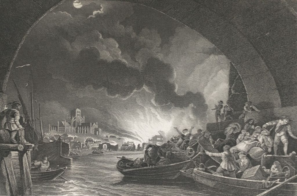 The Great Fire of London looking towards StPauls Cathedral from an old print