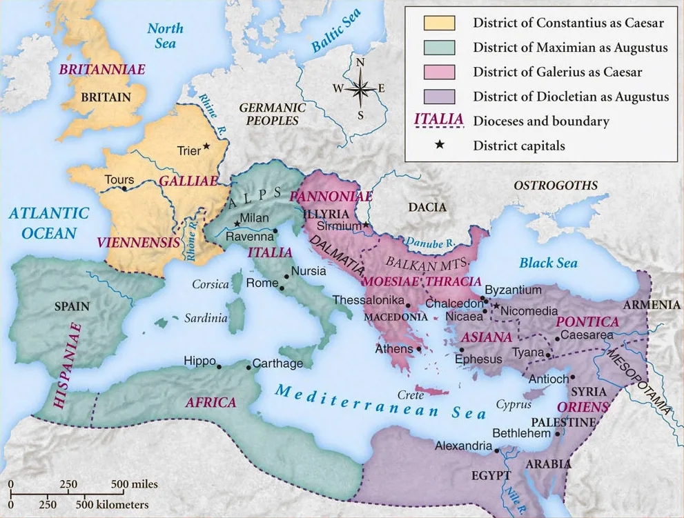 Coppermine Photo Gallery - Coppermine Photo Gallery; Bishop, Aubrey. Imperial Imagery of the Tetrarchy. Rhodes College. Archived from the original on 15 September 2024.

Historic map of Roman Empire during the first tetrarchy